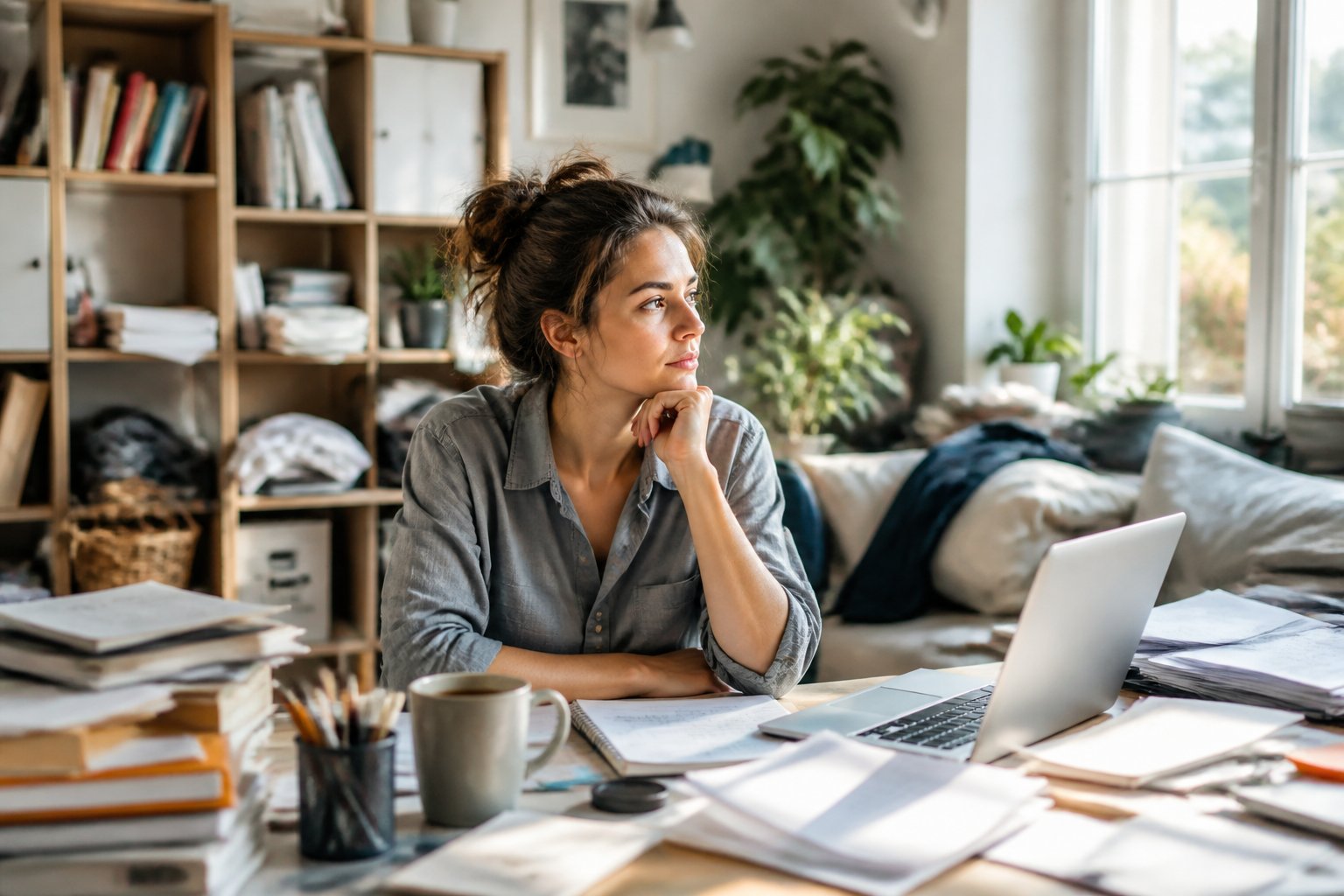 A person sitting thoughtfully at a cluttered desk in a bright room with scattered papers and household items around.