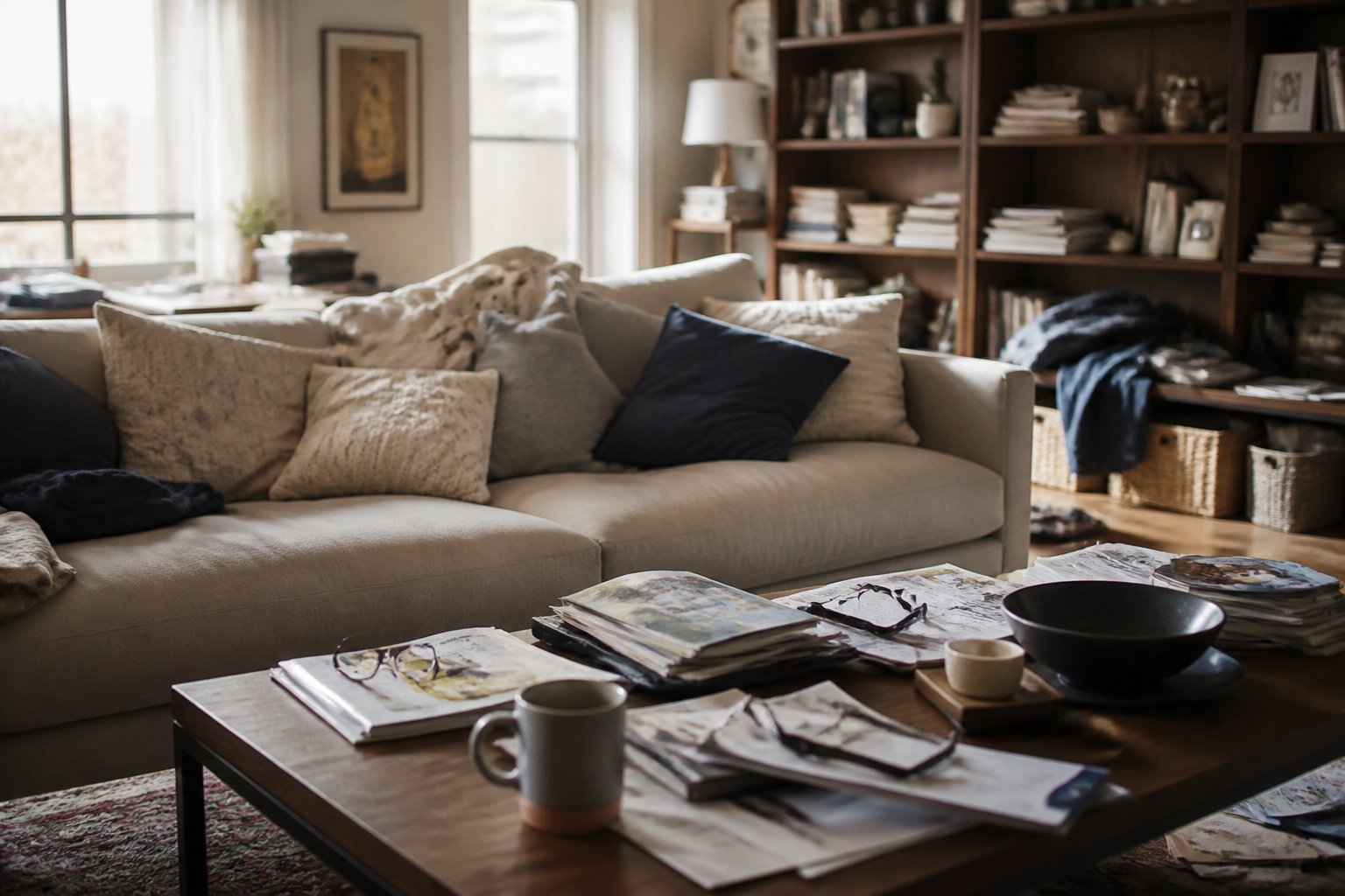 A living room with a sofa, coffee table, and shelves showing a slightly cluttered and disorganized home interior.