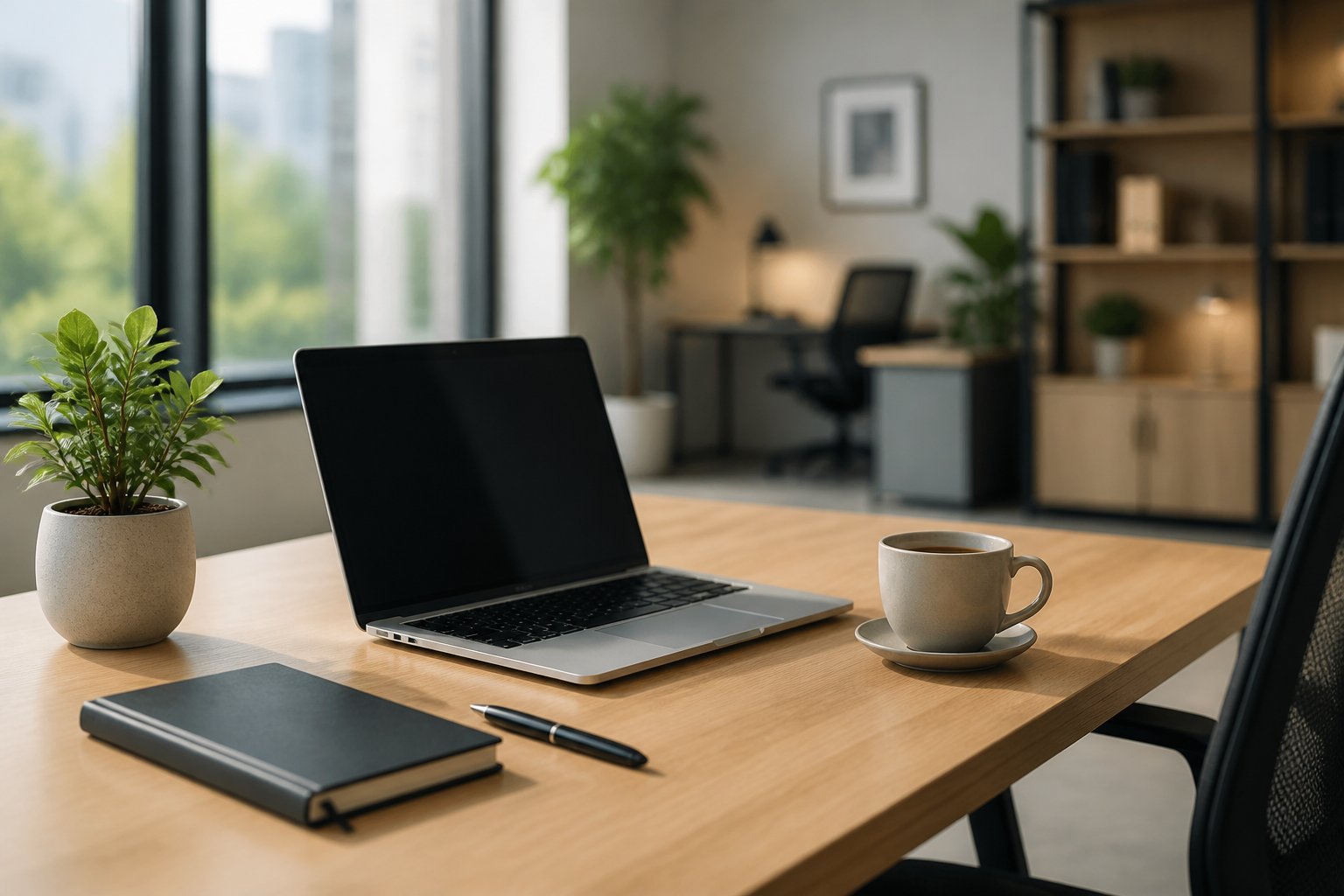 A clean, organized desk with a laptop, notebook, pen, plant, and coffee cup in a bright office setting.