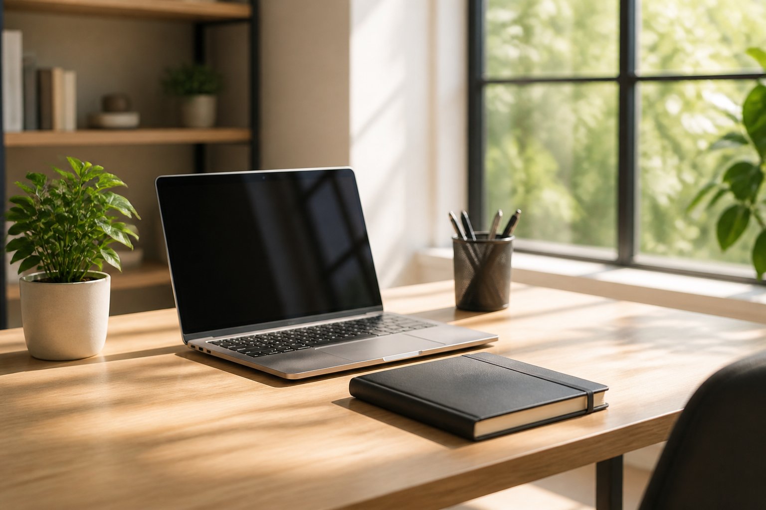 A clean, organized wooden table with a laptop, notebook, pen holder, and a small plant in a bright room with sunlight coming through a window.