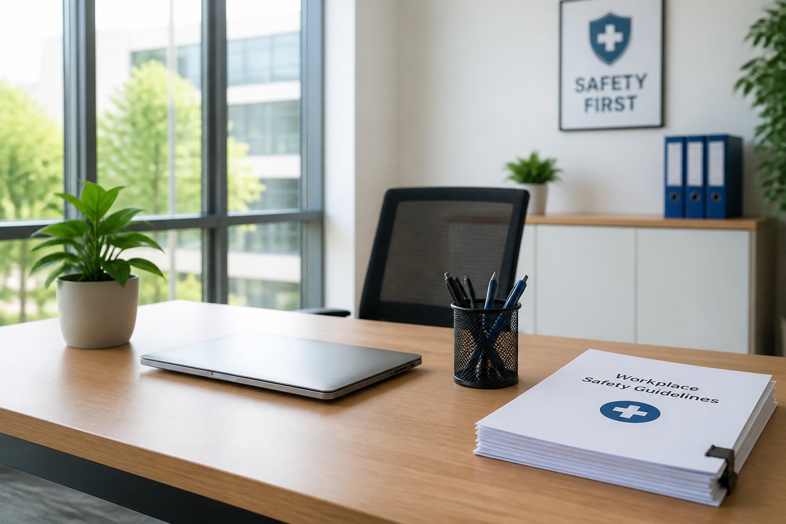 A clean and organized office desk with minimal items including a laptop, papers, pens, and a plant in a bright modern office.