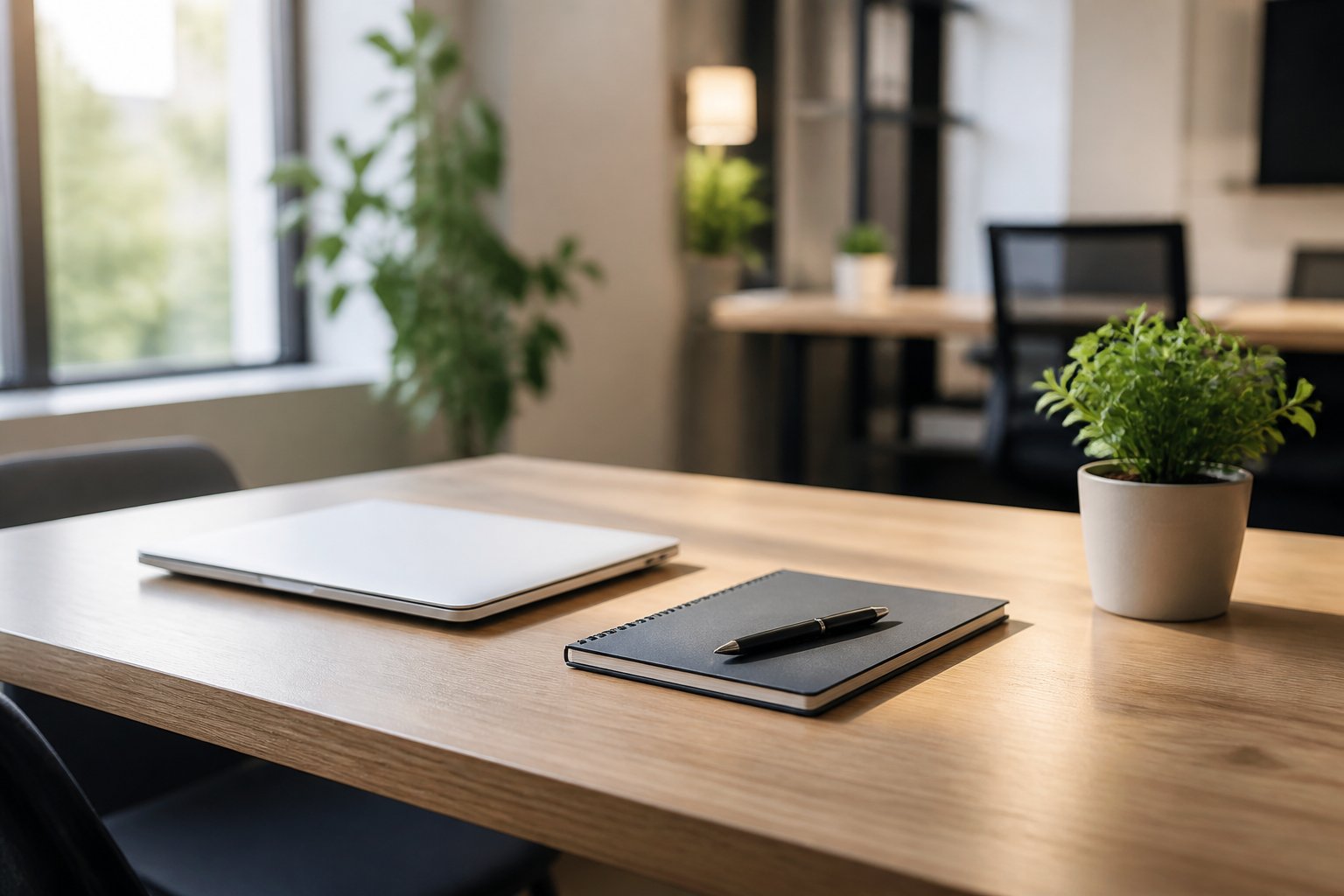 A clean, organized workspace with a wooden desk, a laptop, notebook, pen, and a small plant in a bright office setting.