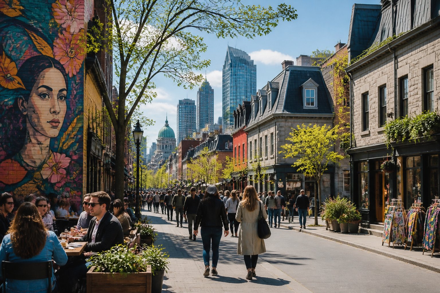 A lively Montreal street with colorful murals, outdoor cafes, boutique shops, and a mix of historic and modern buildings under bright daylight.