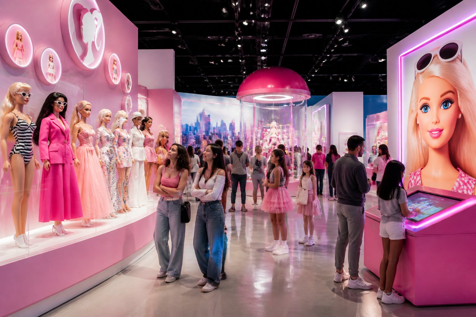 Visitors exploring a brightly lit museum exhibit featuring colorful Barbie-inspired displays and mannequins in fashionable outfits.