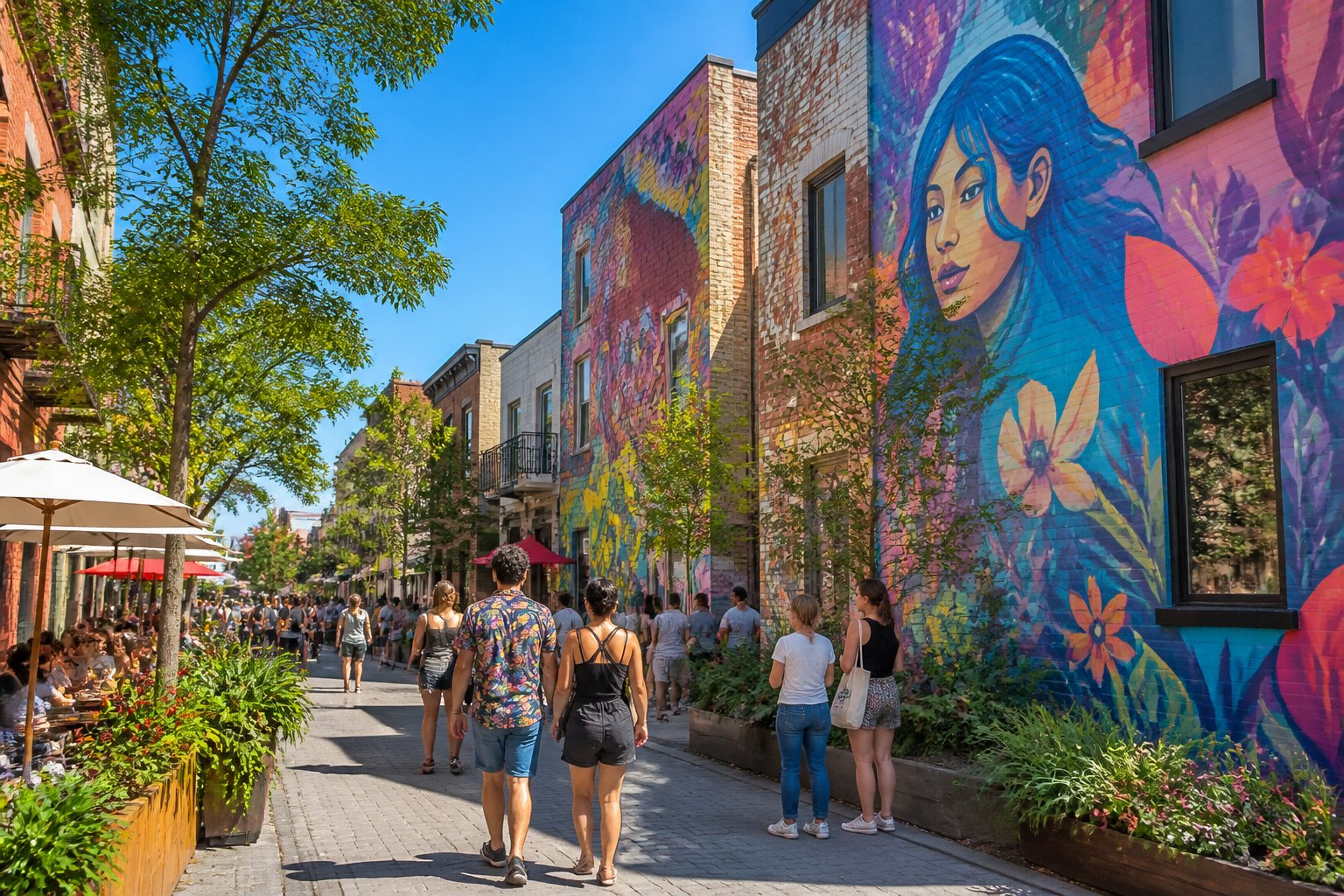 People walking along a tree-lined street in Montreal, admiring colorful murals on building walls under a clear blue sky.
