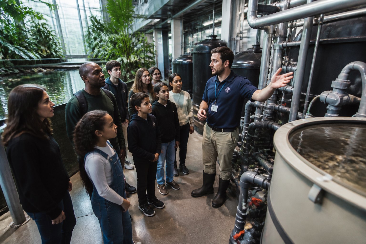 Visitors on a guided tour inside the Biodôme’s back-of-house area, surrounded by equipment and indoor plants.