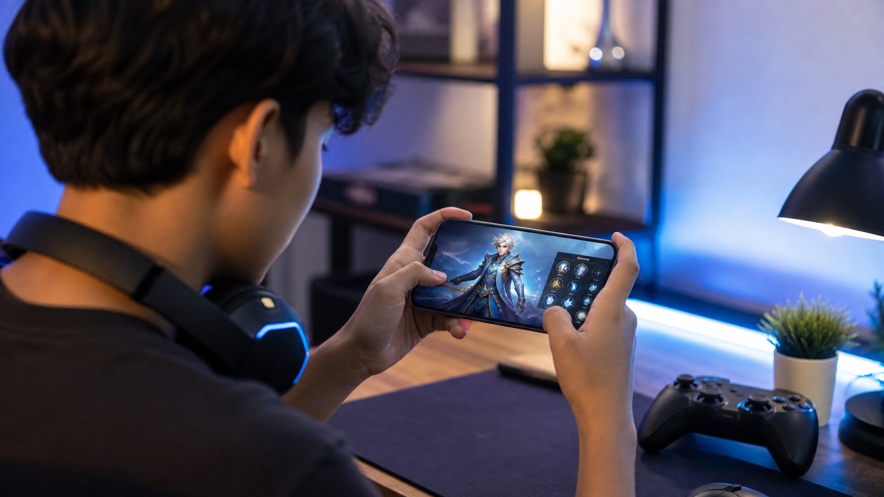 Seorang pemain muda sedang fokus bermain game di ponsel dengan karakter pahlawan fantasi di layar, duduk di ruangan yang terang dengan perlengkapan gaming di meja.