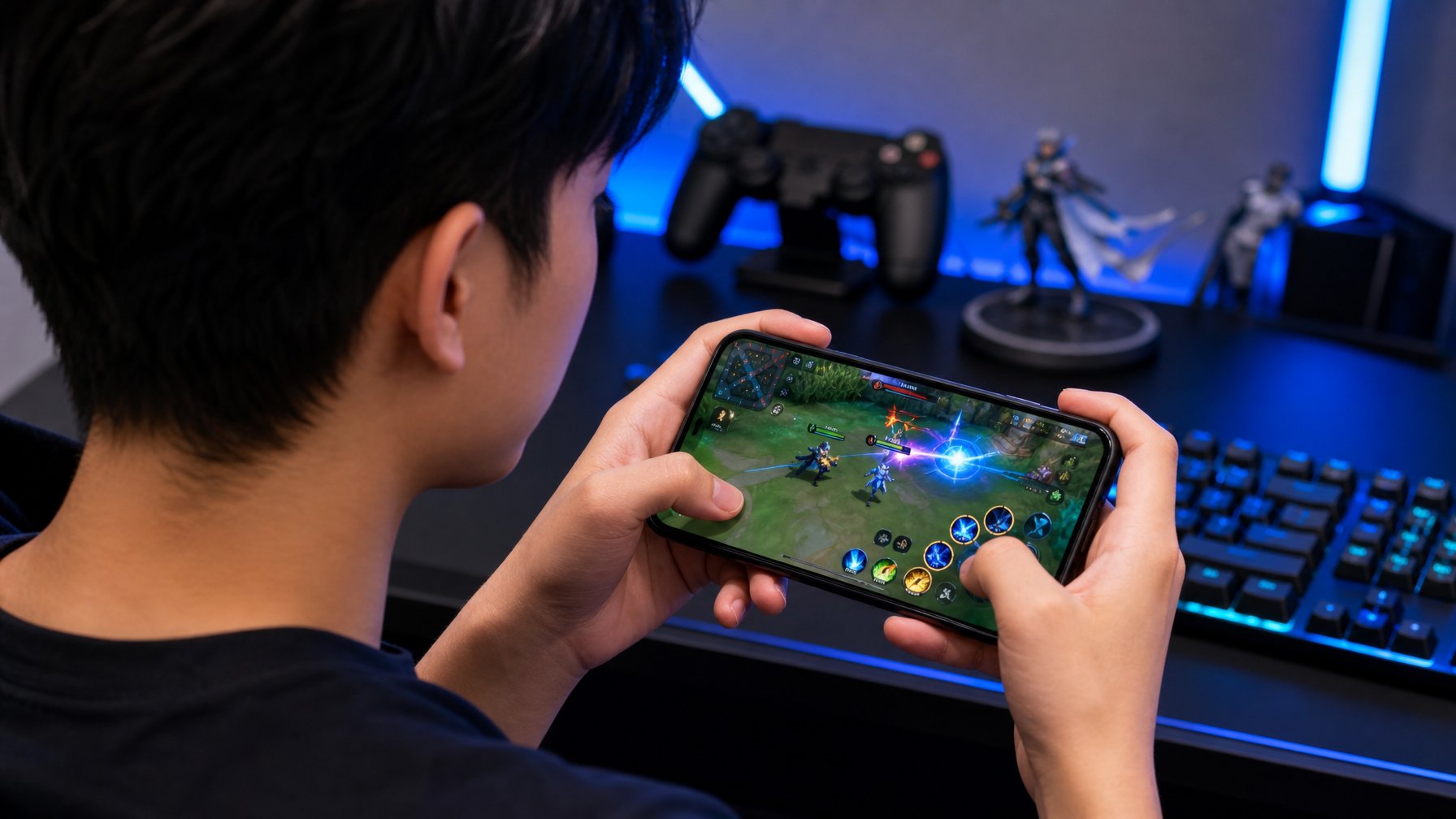 Seorang gamer muda sedang bermain game di ponsel dengan fokus, menampilkan gameplay hero Heino dari Honor of Kings.