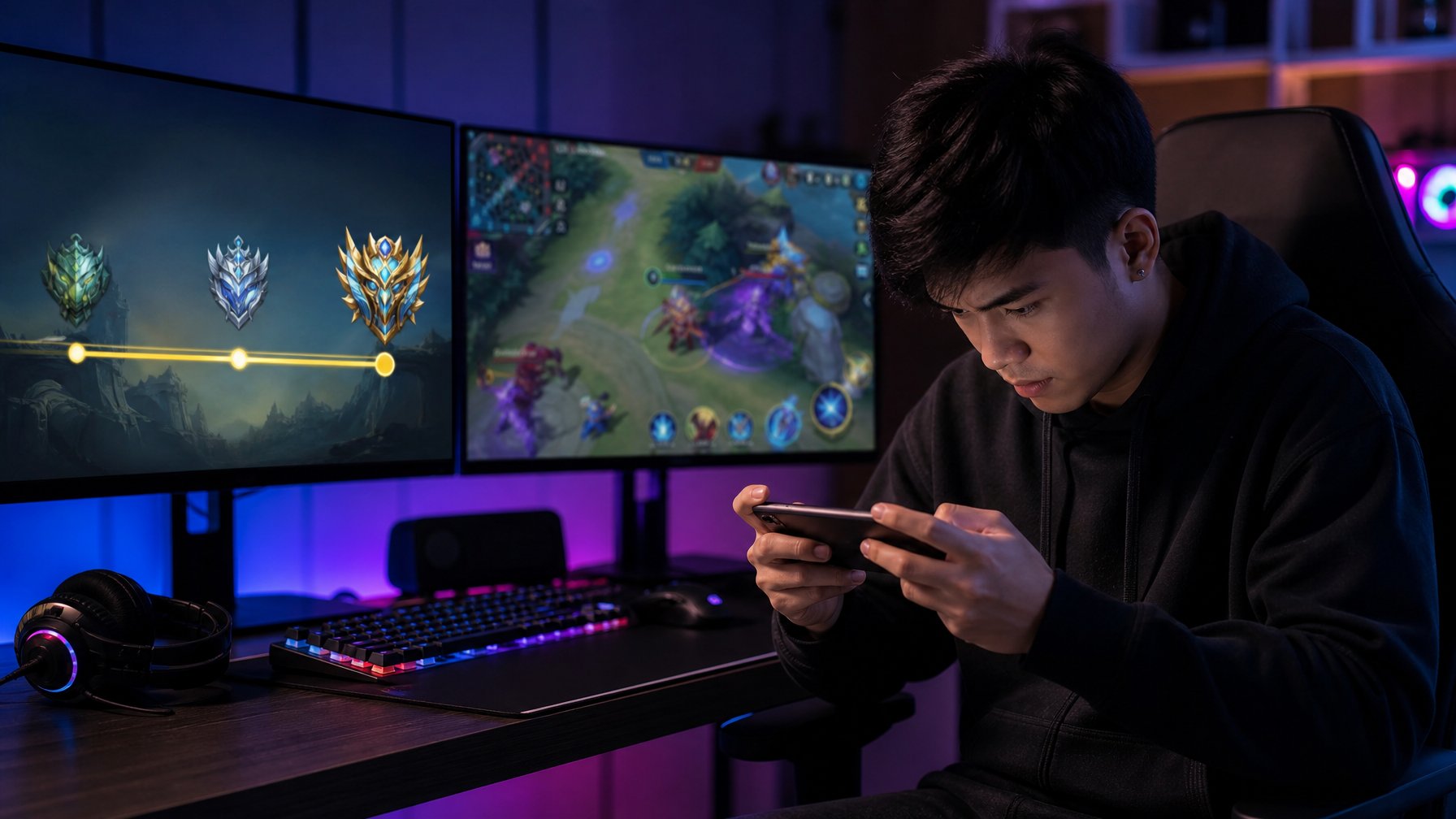 Seorang pemain muda sedang fokus bermain game di ponsel di sebuah ruangan gaming dengan pencahayaan warna-warni dan peralatan game di meja.
