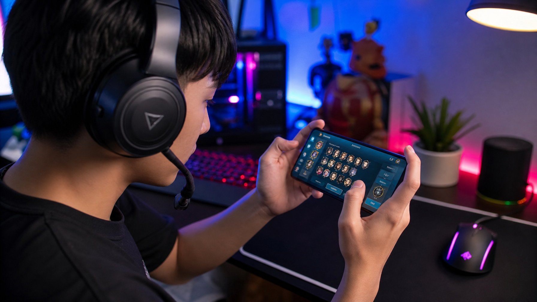 Seorang pemain solo fokus bermain game mobile MOBA di smartphone dengan setup gaming modern dan pencahayaan ambient.