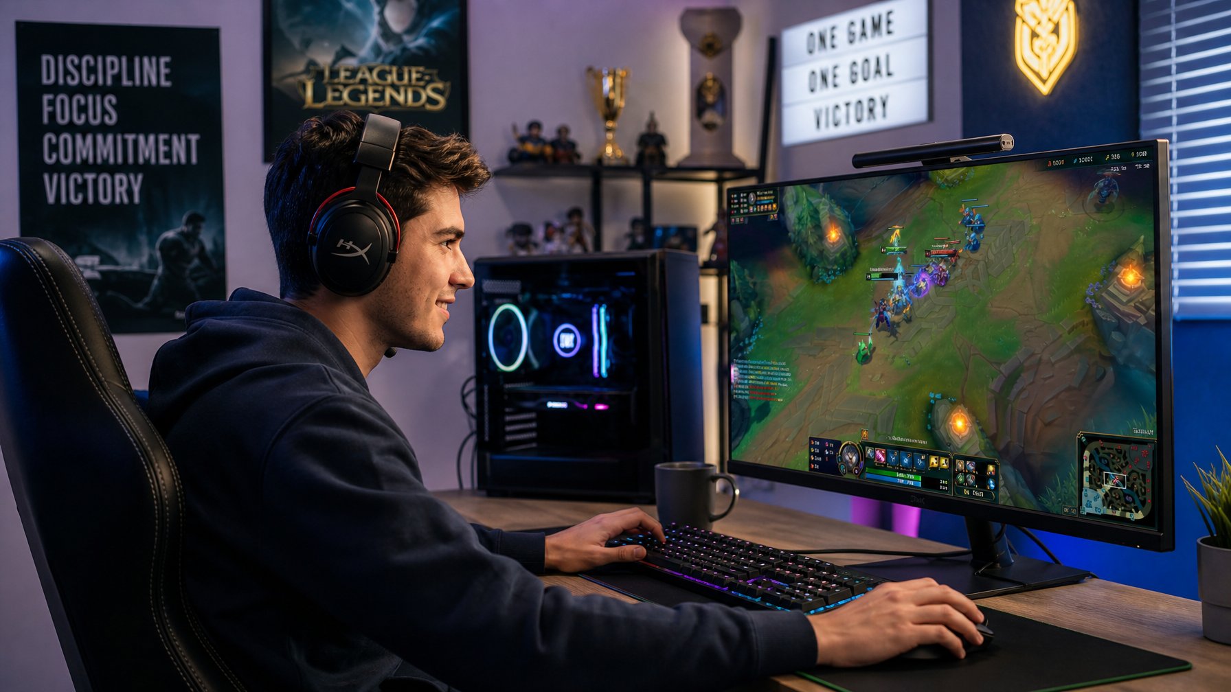 Seorang pemain muda duduk di depan komputer dengan tampilan permainan fantasi di layar, fokus dan menikmati permainan di ruang gaming yang terang.