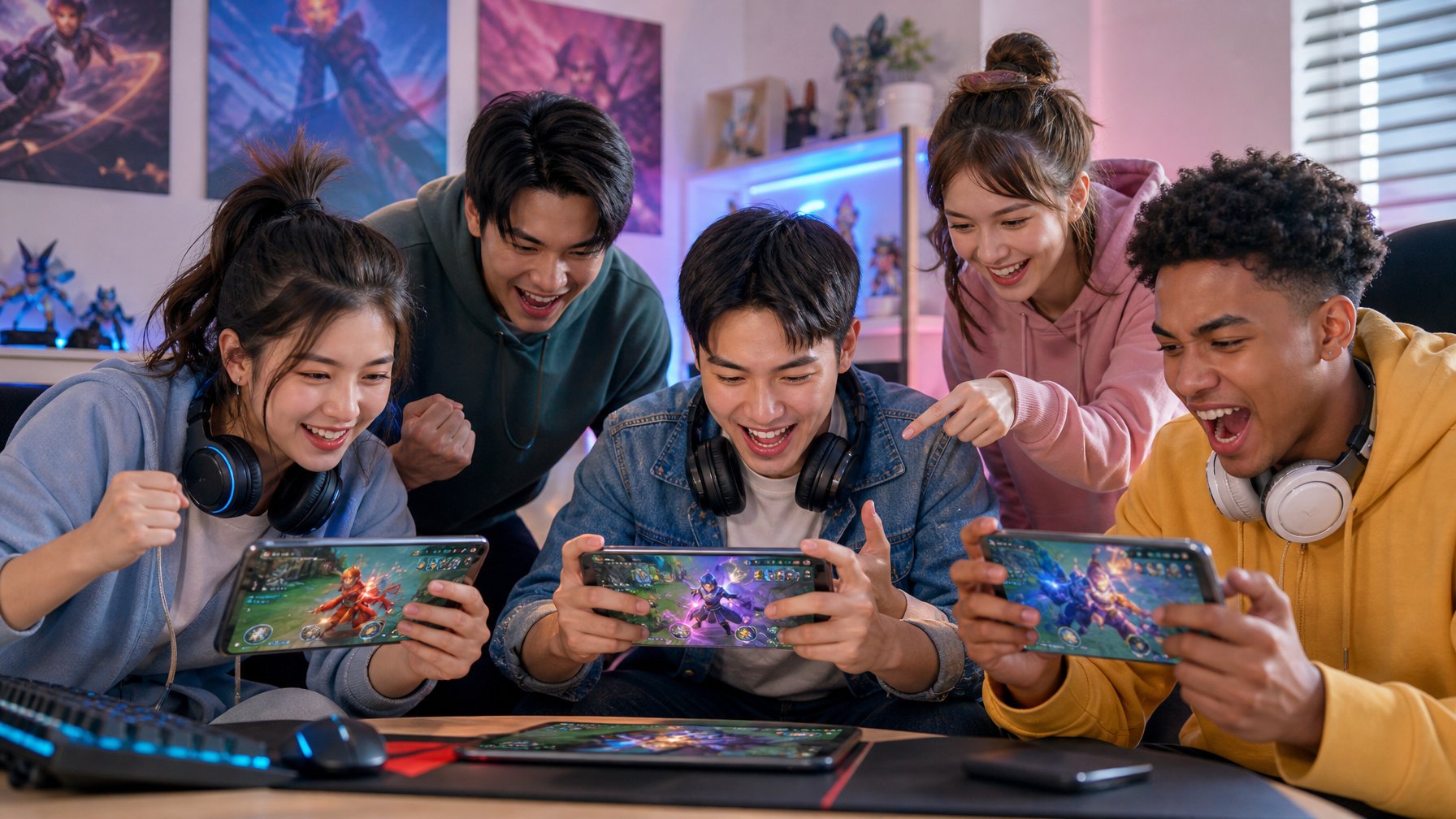 Sekelompok pemain muda sedang bermain game Honor of Kings bersama dengan antusias di sebuah ruangan yang cerah dan nyaman.