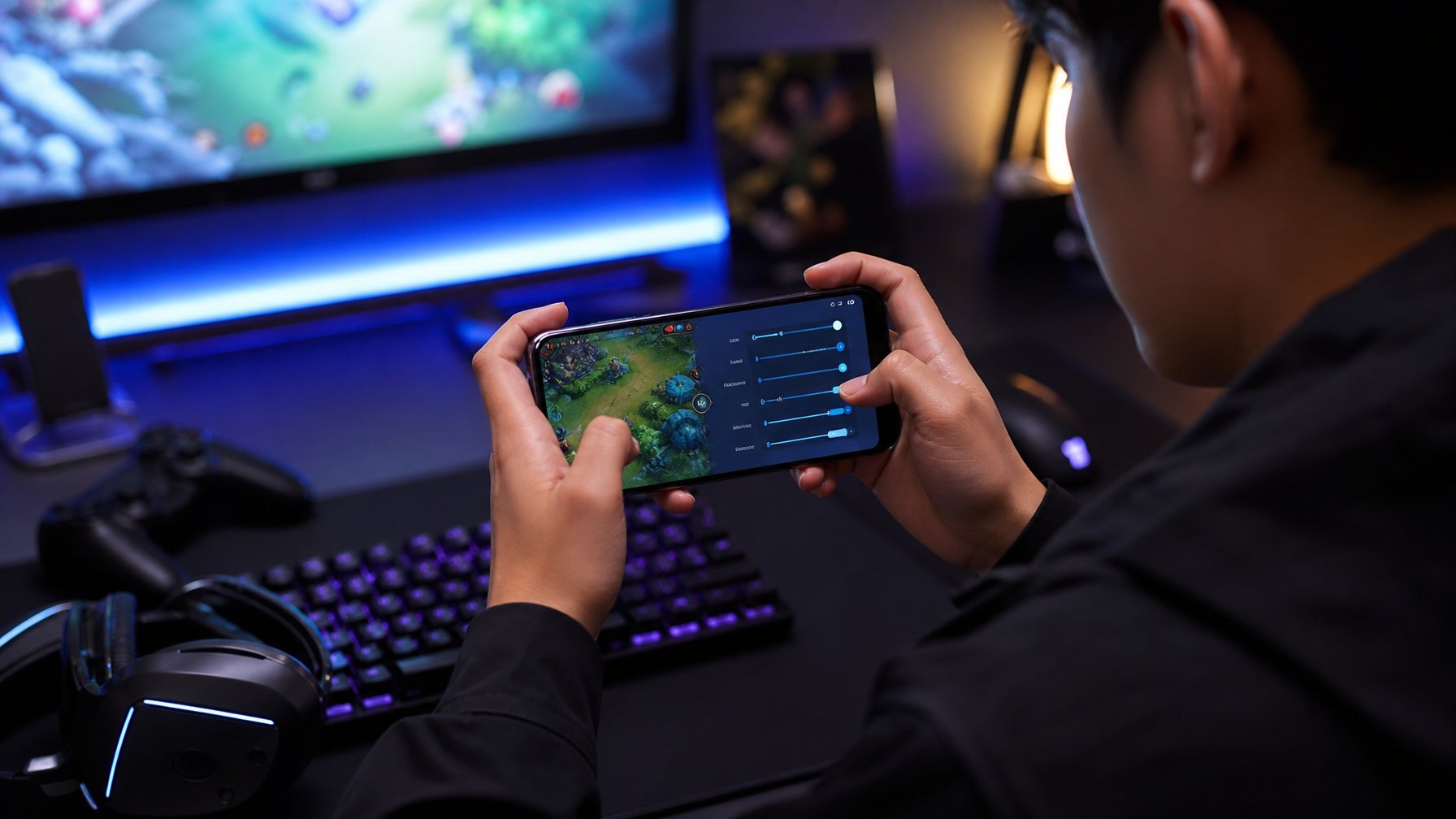 Seorang gamer muda memegang ponsel dengan tampilan pengaturan kontrol dan sensitivitas game, duduk di depan meja dengan perlengkapan gaming di sekitarnya.