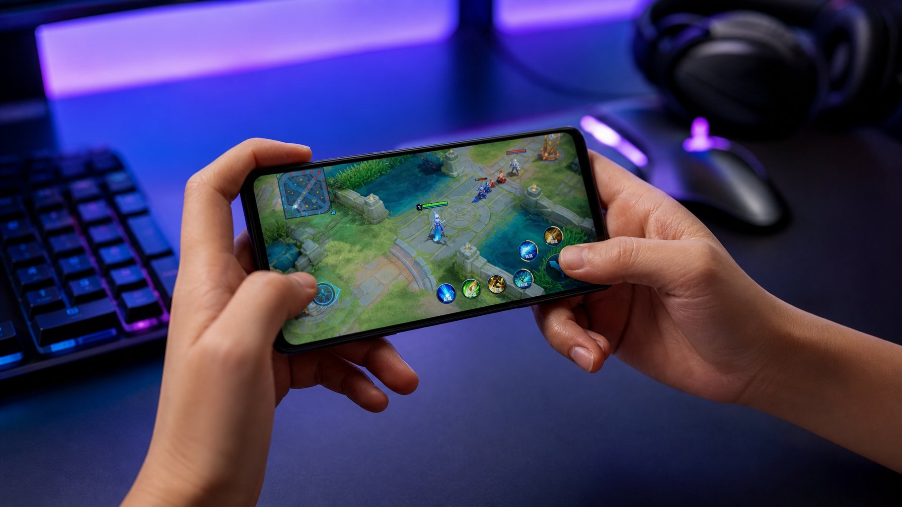 Seseorang memegang smartphone dengan tampilan permainan video di meja gaming yang dilengkapi dengan mouse, keyboard, dan headphone.
