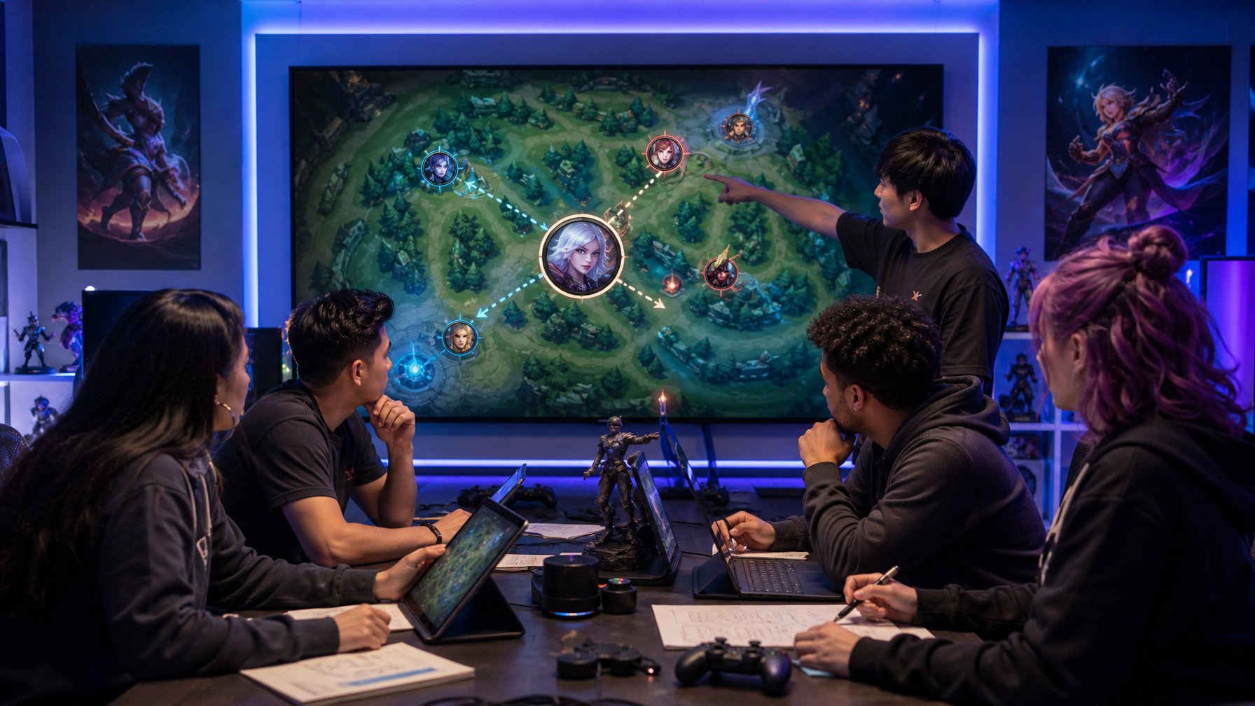 Sekelompok pemain sedang berdiskusi dan merencanakan strategi permainan di ruang gaming dengan layar besar yang menampilkan peta permainan dan ikon hero.