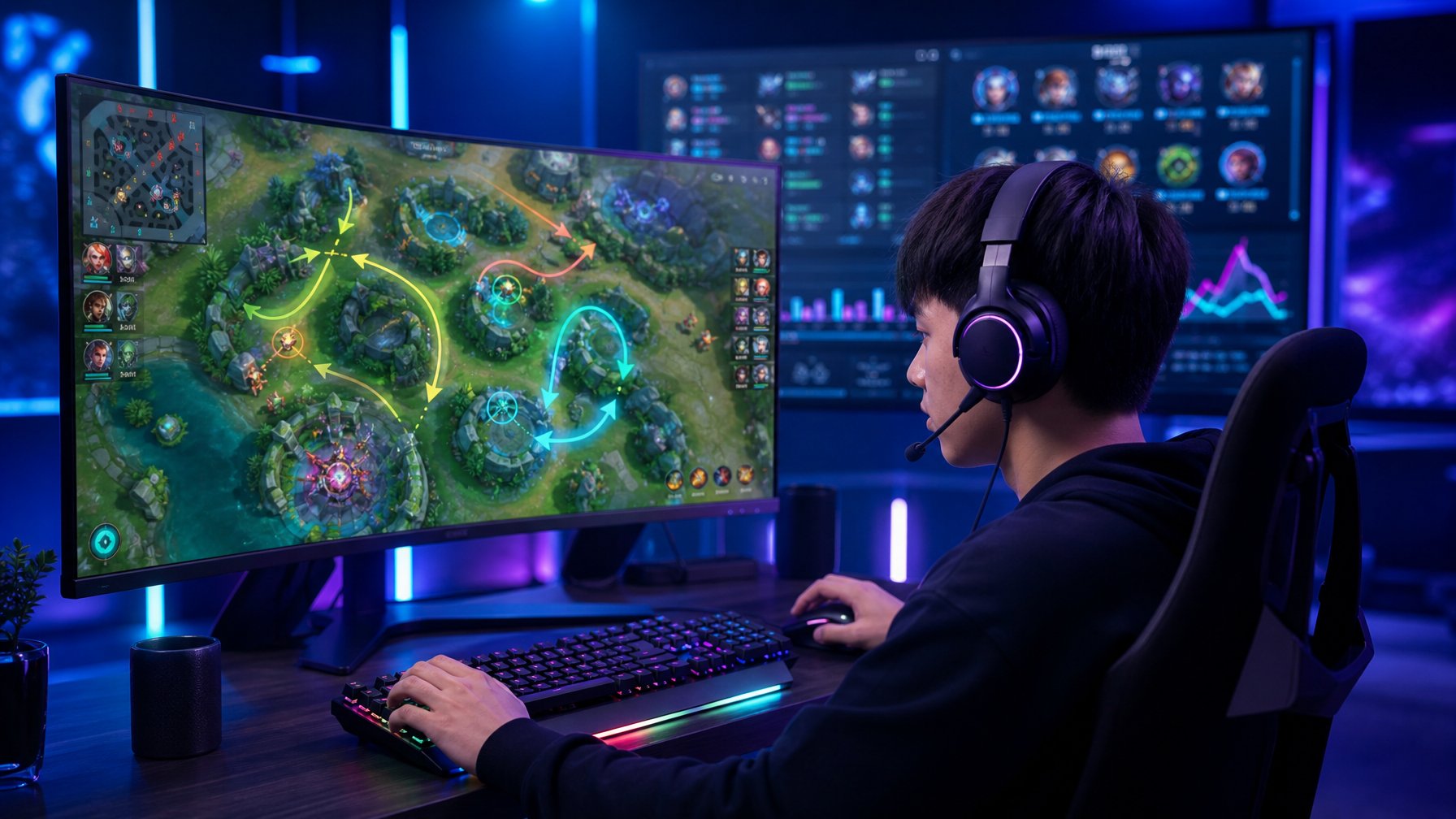 Seorang gamer muda fokus bermain di depan monitor besar yang menampilkan peta permainan dan strategi rotasi jungler dalam game Honor of Kings.