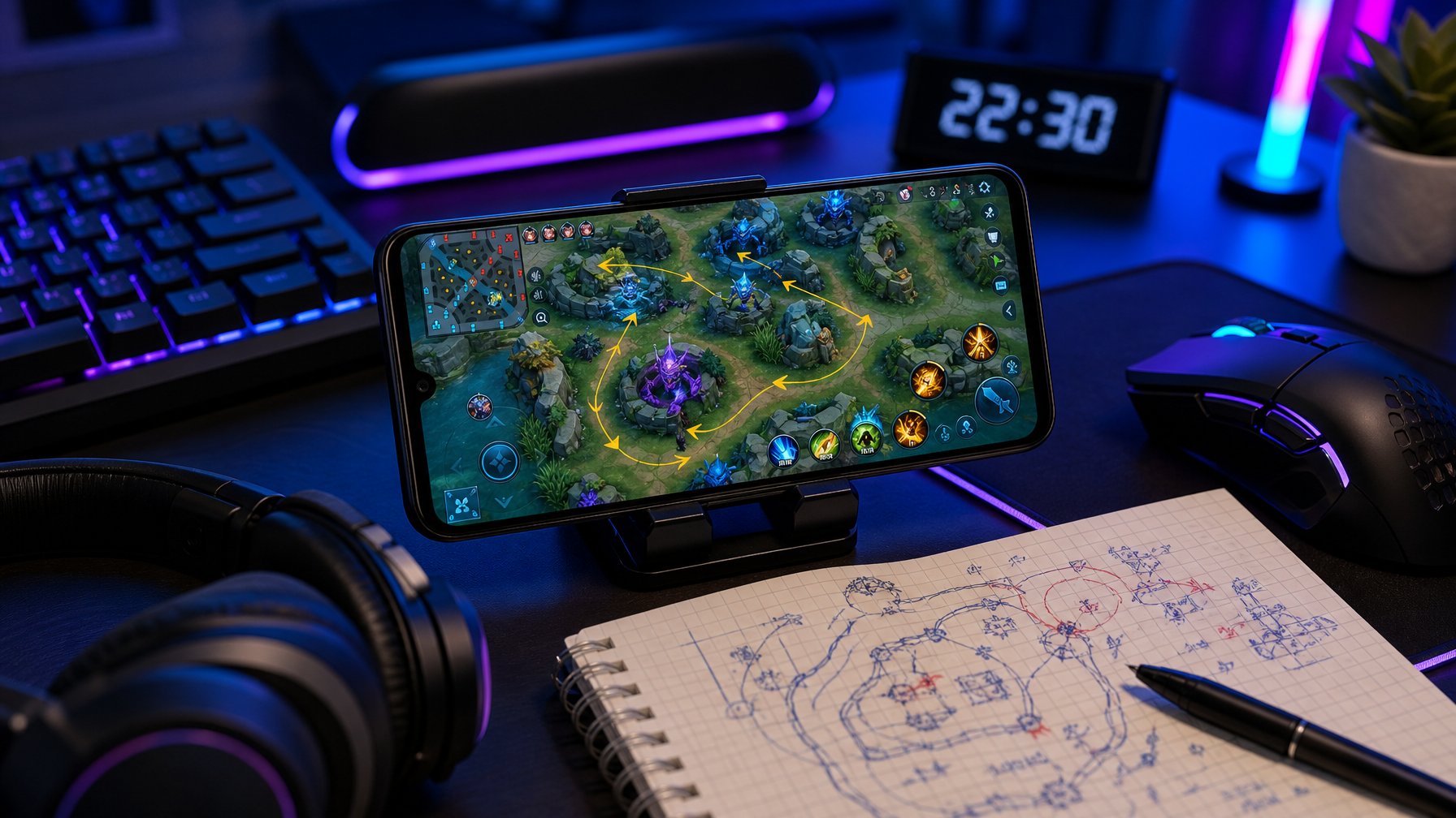 Seorang pemain game sedang menggunakan ponsel dengan tampilan peta hutan di game Honor of Kings, di atas meja dengan aksesori gaming dan catatan strategi.