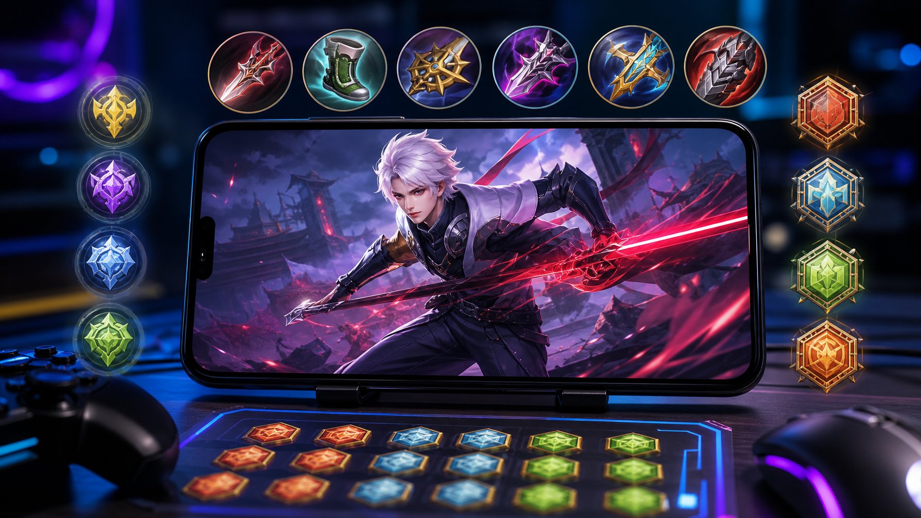 Sebuah ponsel menampilkan karakter Allain dari game Honor of Kings dengan ikon item, Arcana, dan emblem di sekitarnya, menggambarkan strategi dan analisis dalam permainan.