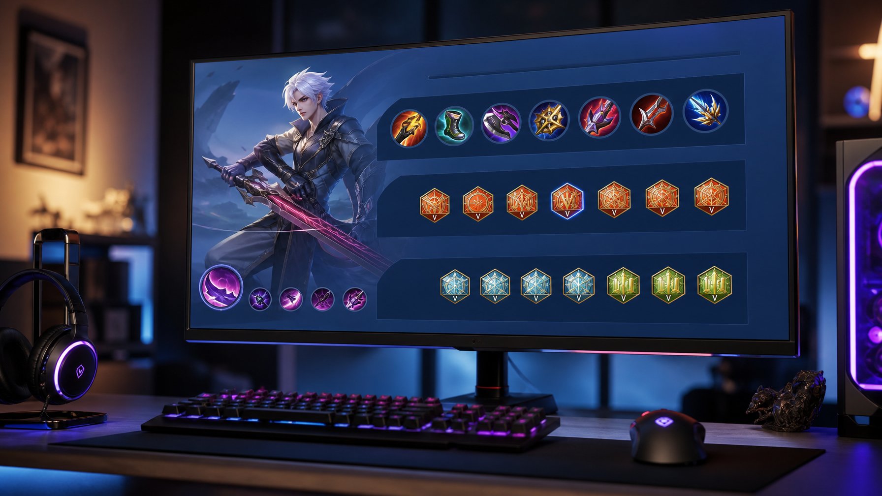 Sebuah meja gaming dengan monitor yang menampilkan antarmuka build item dan emblem karakter Allain dari game Honor of Kings.