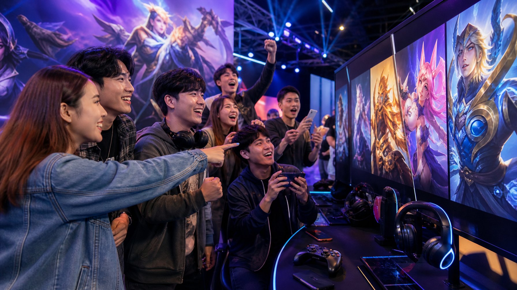Sekelompok orang muda antusias berkumpul di sekitar layar digital yang menampilkan karakter dan skin dari game Honor of Kings dalam suasana acara gaming yang meriah.