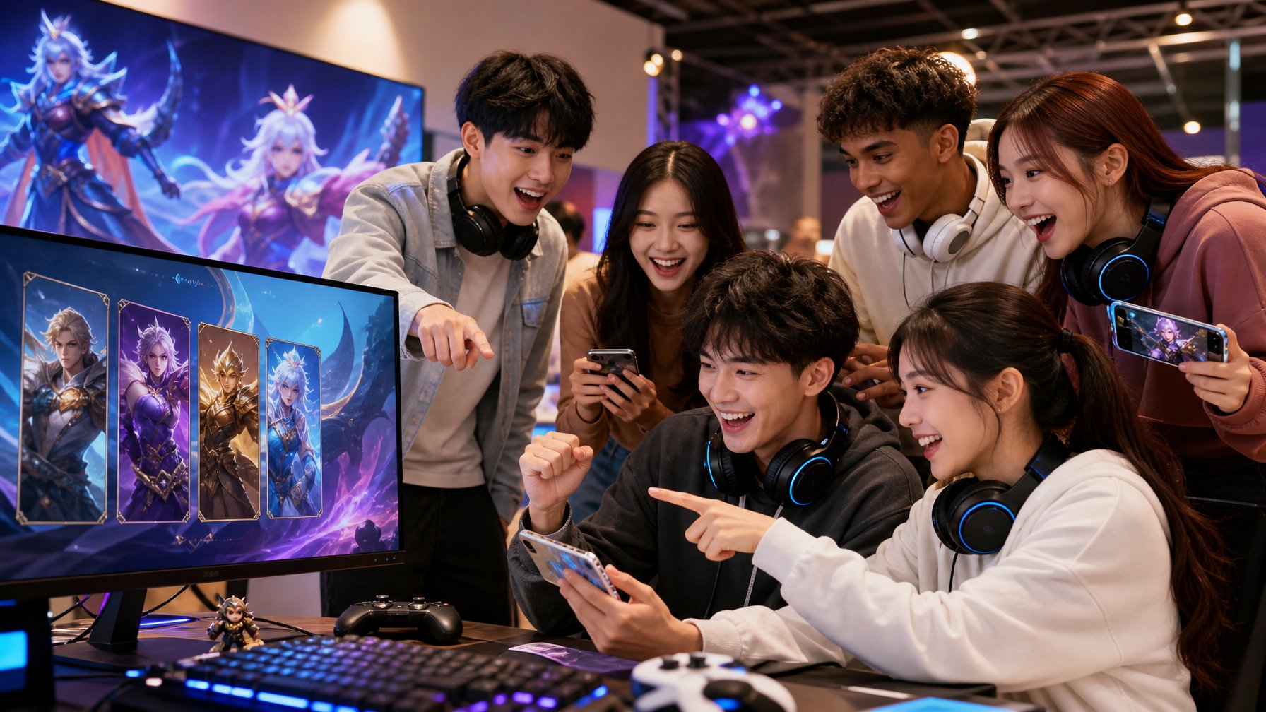 Sekelompok orang muda sedang bermain Honor of Kings di komputer dan ponsel, terlihat antusias dengan karakter dan skin dalam game.