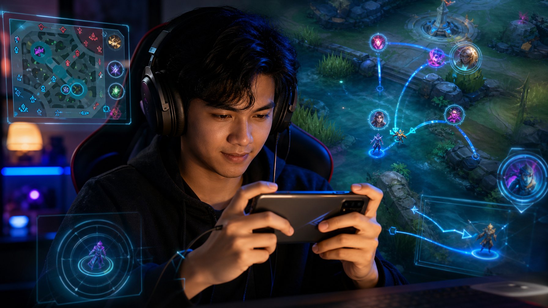 Seorang pemain muda fokus bermain game di ponsel dengan latar belakang peta permainan fantasi dan elemen permainan yang menyala.