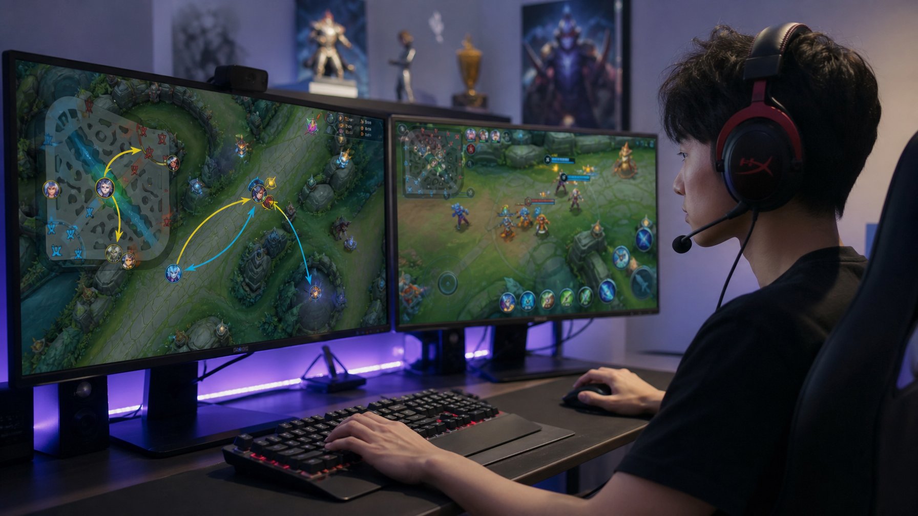 Seorang pemain muda fokus bermain game di depan komputer dengan layar menampilkan peta dan permainan strategi.