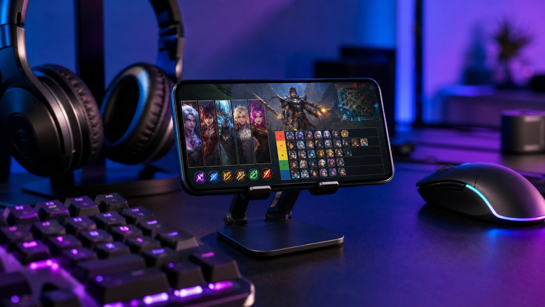 Sebuah setup gaming modern dengan smartphone menampilkan permainan MOBA dan aksesoris gaming di atas meja.