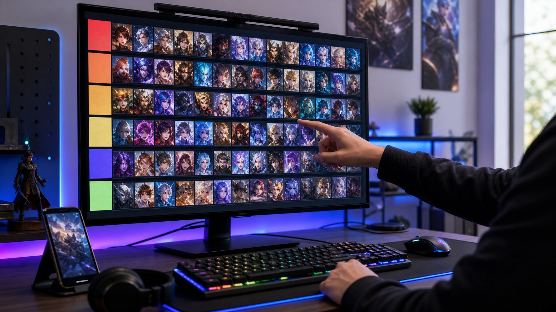 Sebuah setup gaming modern dengan layar komputer yang menampilkan grafik tier list hero dari permainan Honor of Kings, dengan tangan pemain menunjuk layar dan perlengkapan gaming di meja.