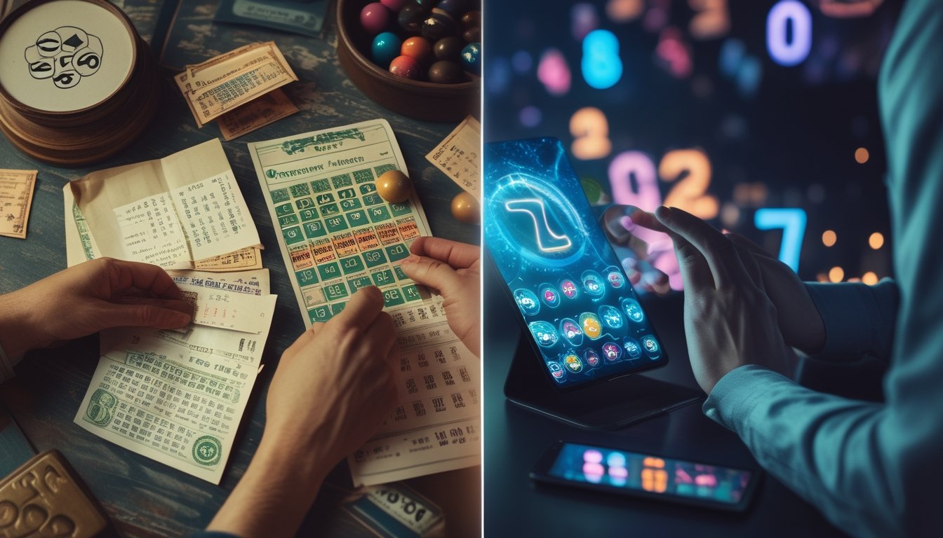 Seseorang menggunakan tiket togel tradisional di sisi kiri dan seseorang menggunakan perangkat digital untuk togel online di sisi kanan, menunjukkan perubahan layanan togel dari tradisional ke modern.