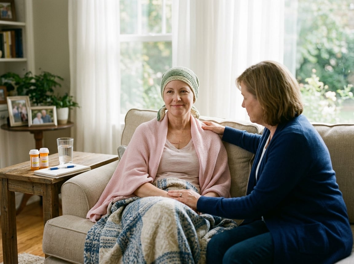 A middle-aged woman wearing a headscarf and shawl sits on a couch with a supportive family member beside her in a bright, cozy room.