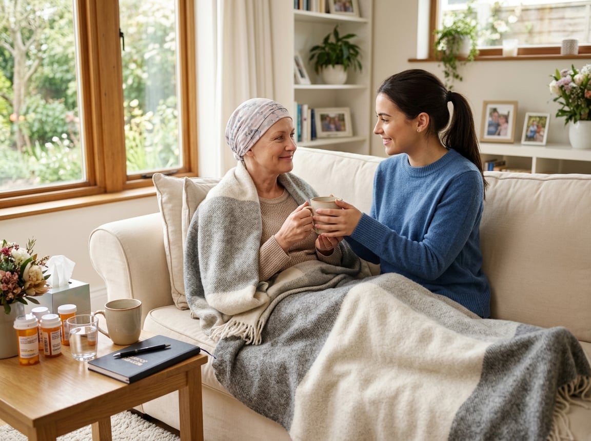 A woman wearing a headscarf sits on a couch wrapped in a blanket while a family member offers her a cup of tea in a bright living room.