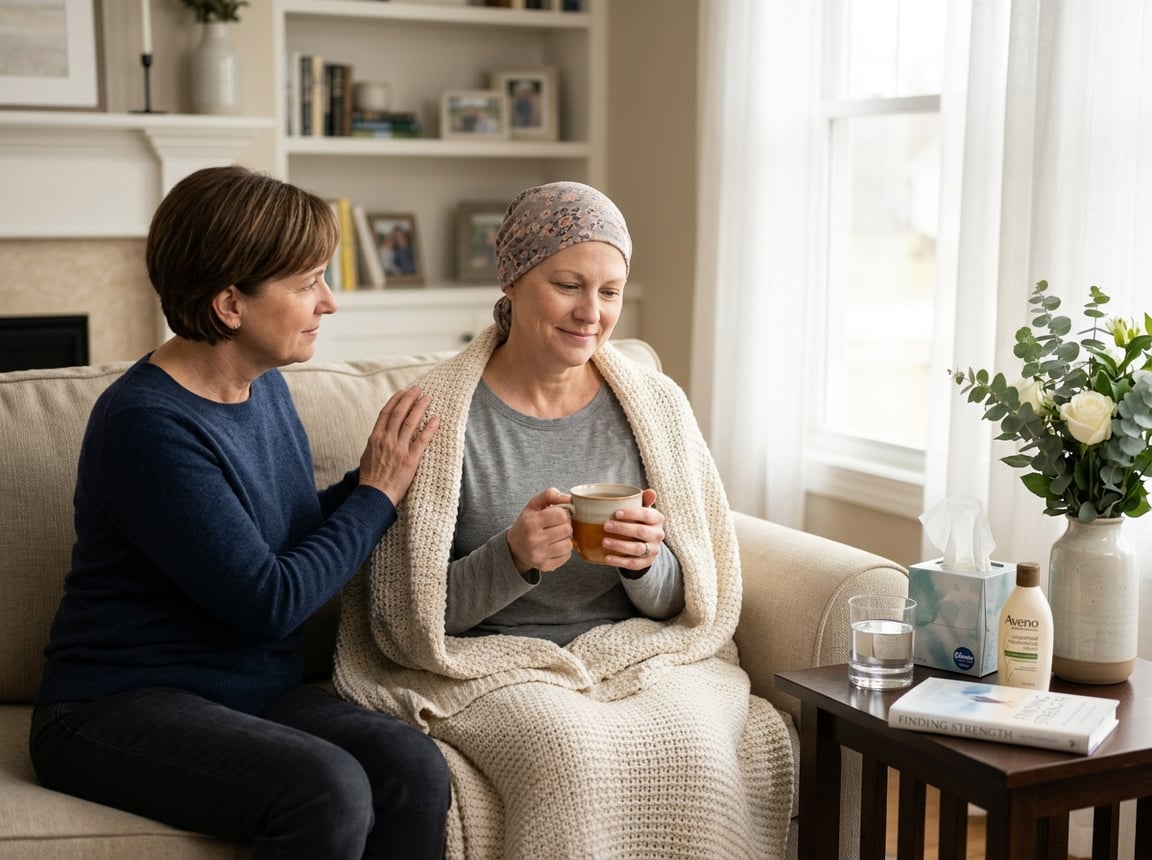 A woman wearing a headscarf sits on a sofa wrapped in a blanket, holding a cup of tea, with a supportive person beside her in a bright living room.