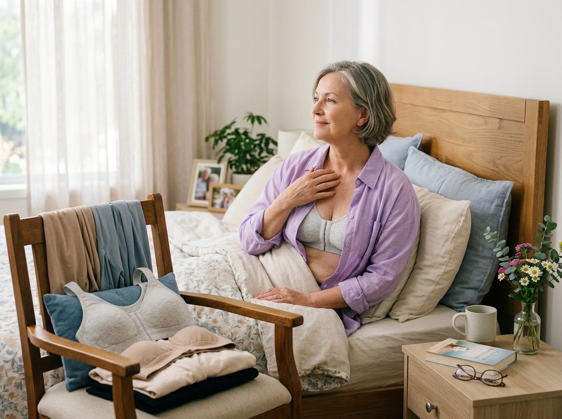 A woman sitting on a bed in a bright room wearing comfortable clothing, with adaptive bras and clothes displayed nearby, looking peaceful and hopeful.