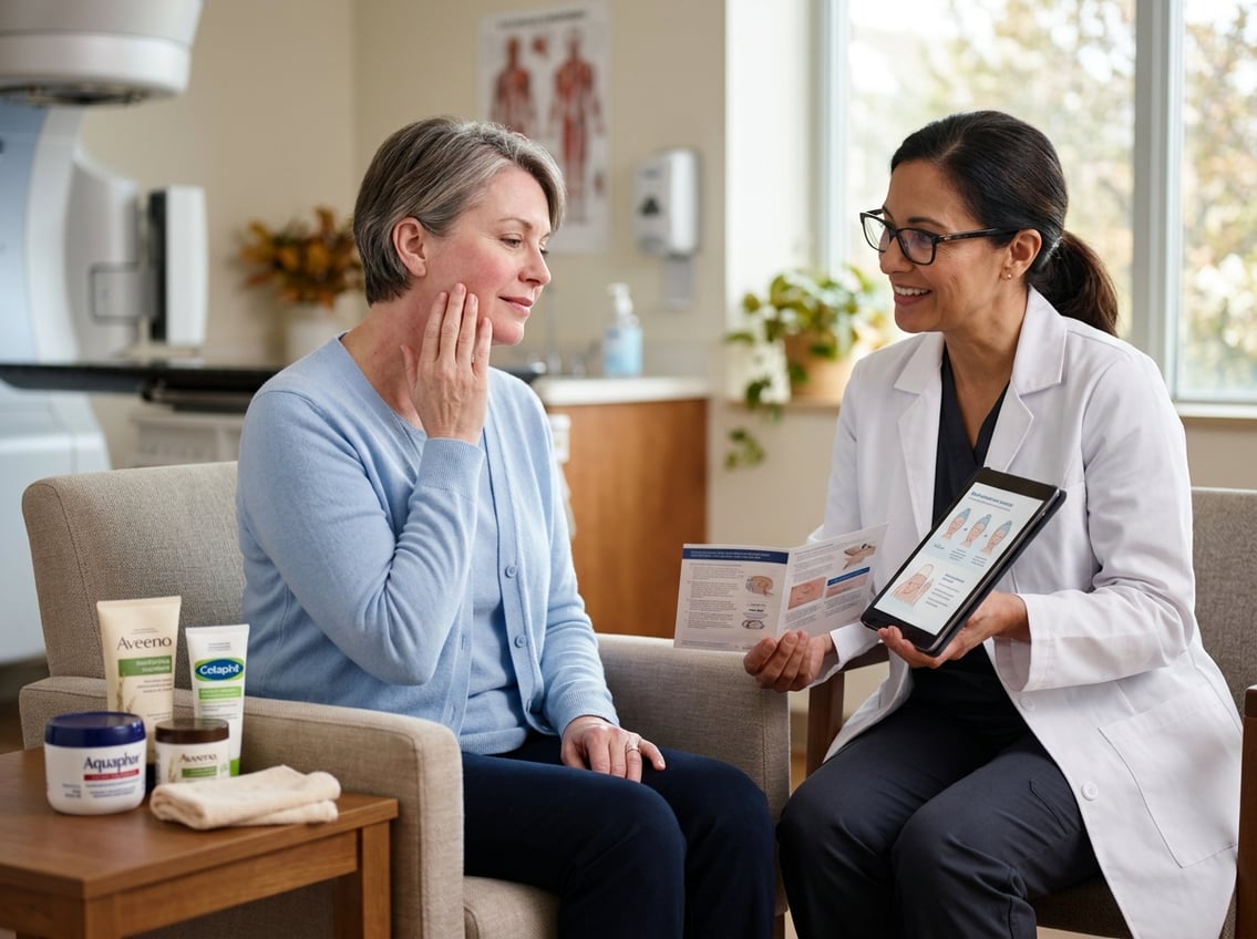 A woman in a medical consultation room gently touching her cheek as a healthcare professional explains skin care tips, with skincare products on a nearby table.