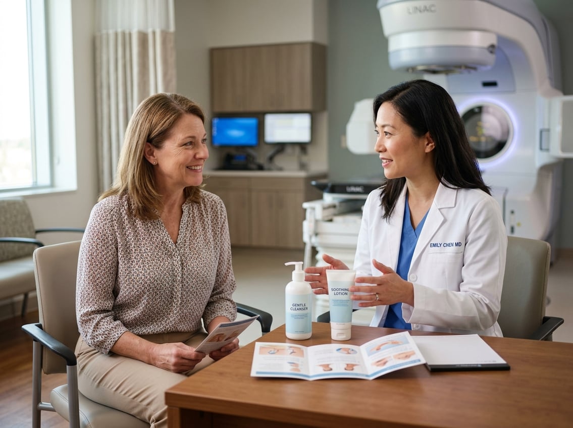 A healthcare professional discussing skin care tips with a patient in a medical consultation room, with skincare products on the table.