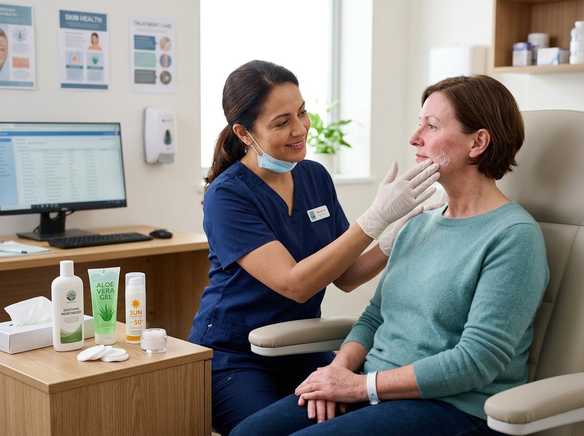 A nurse gently applies soothing cream to a woman's face in a bright medical office with skincare products on a table nearby.