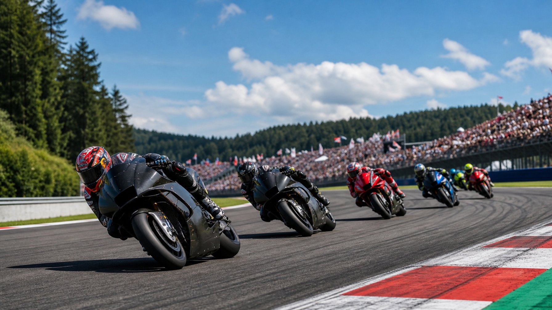 Beberapa pembalap MotoGP sedang menikung di lintasan balap dengan penonton di tribun dan langit cerah di latar belakang.