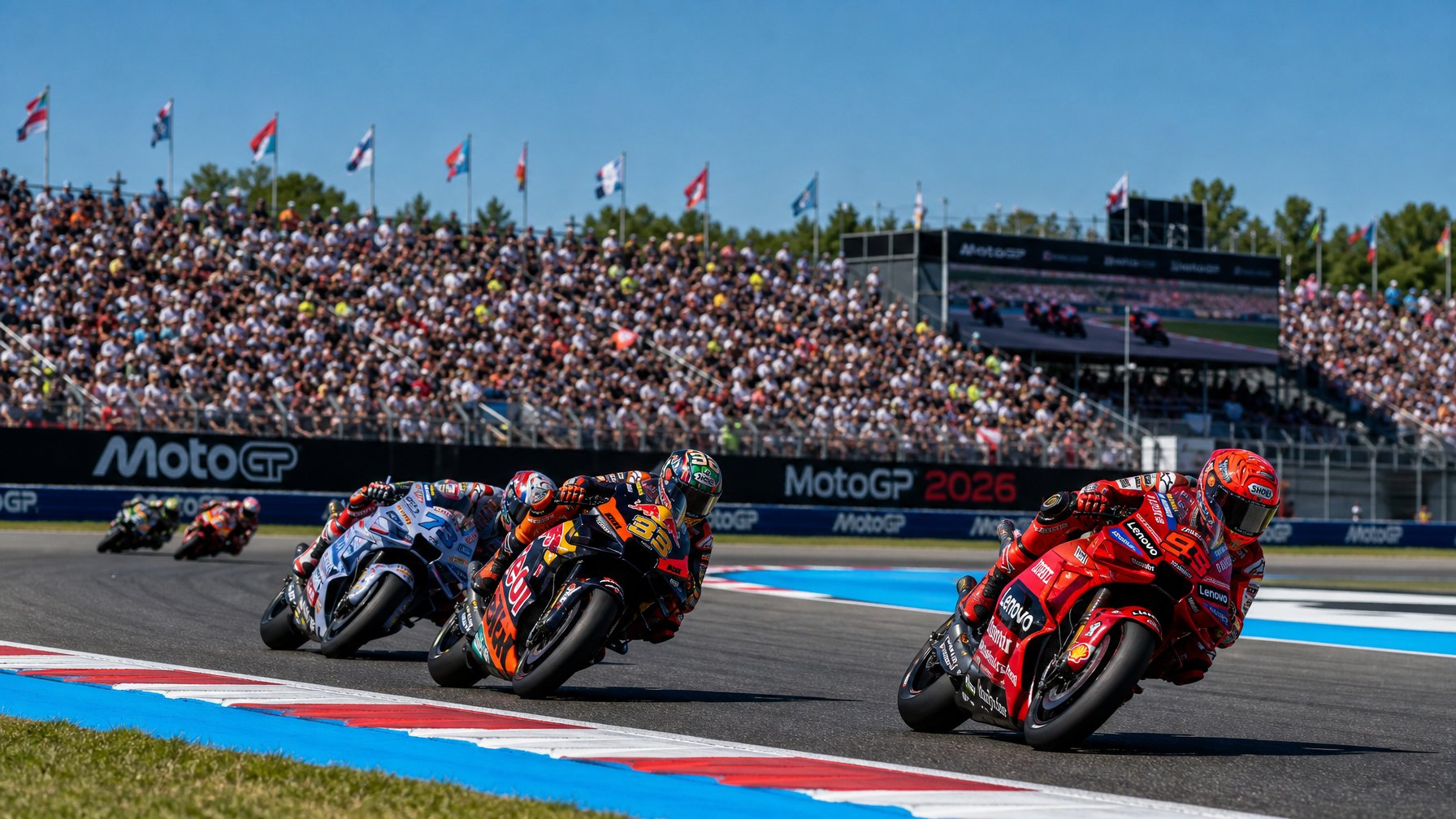 Balapan MotoGP dengan beberapa pembalap motor melaju di lintasan balap di depan penonton yang ramai.