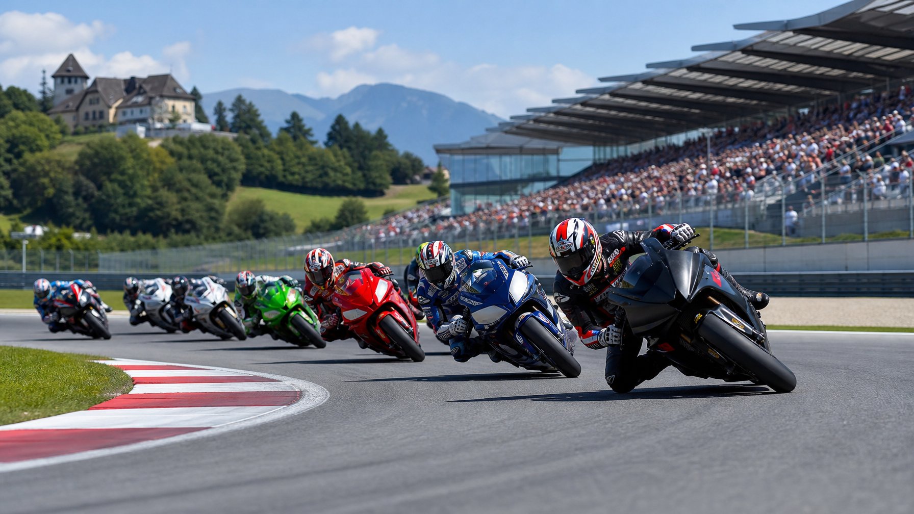 Beberapa pebalap MotoGP sedang berlomba di lintasan balap Eropa dengan penonton di tribun dan bangunan khas Eropa di latar belakang.
