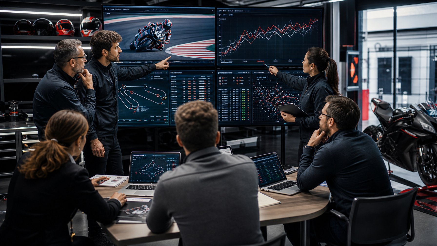 Sekelompok profesional sedang menganalisis data balap MotoGP di ruang kerja modern dengan layar besar dan peralatan balap di latar belakang.