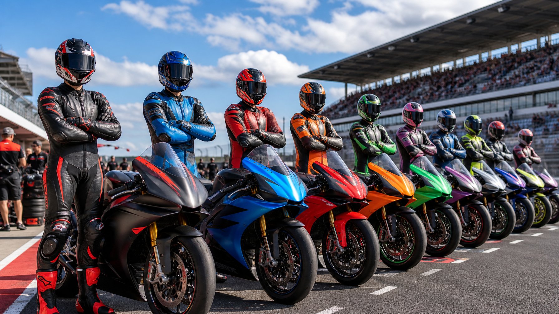 Barisan motor balap MotoGP dengan para pebalap berdiri di depan di lintasan balap, siap untuk balapan.