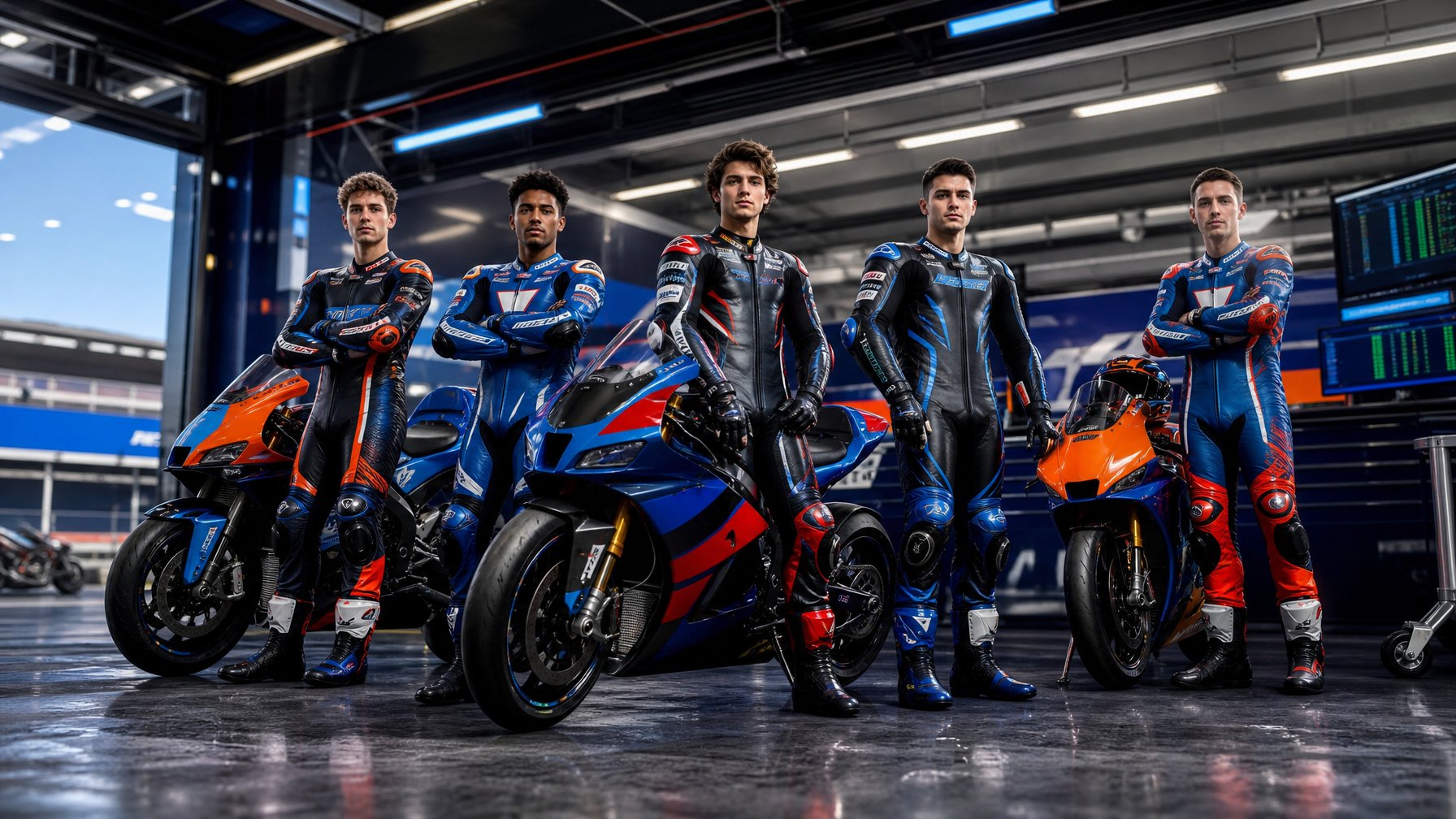 Sekelompok pebalap MotoGP berdiri bersama motor balap mereka di garasi balap yang modern dan terang.