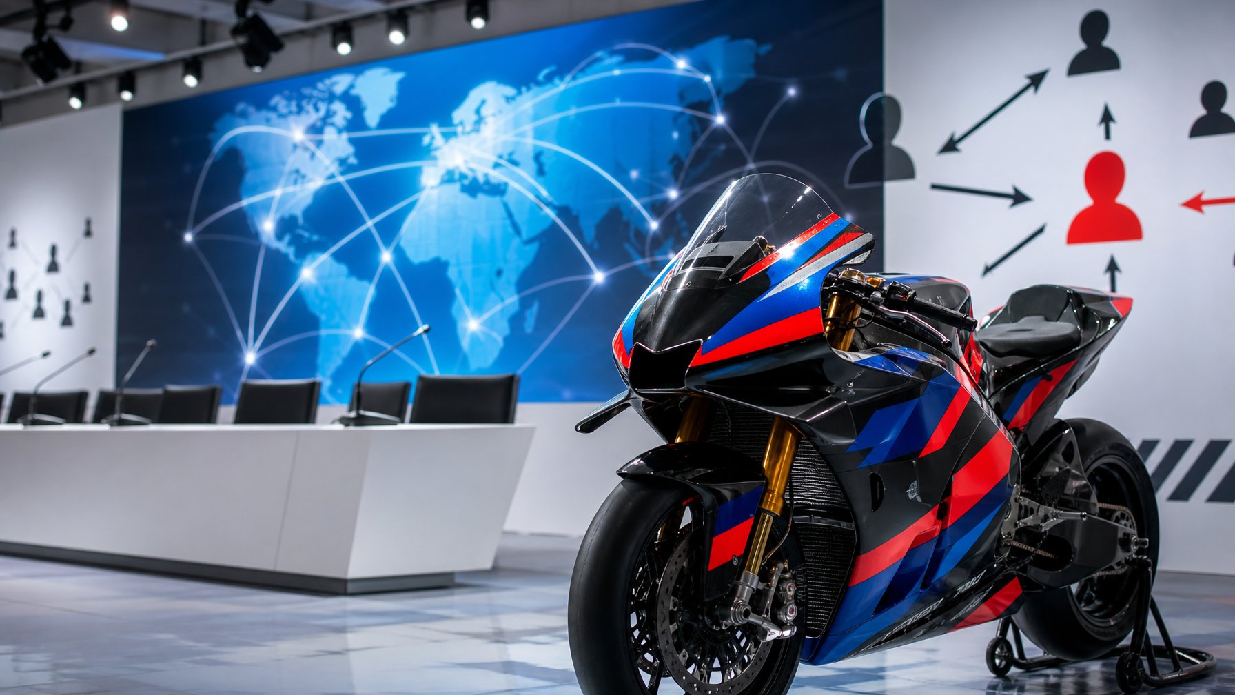 Sepeda motor MotoGP dengan warna cerah di depan layar digital yang menampilkan peta dengan garis penghubung, menunjukkan aktivitas transfer pebalap untuk musim 2026/2027.