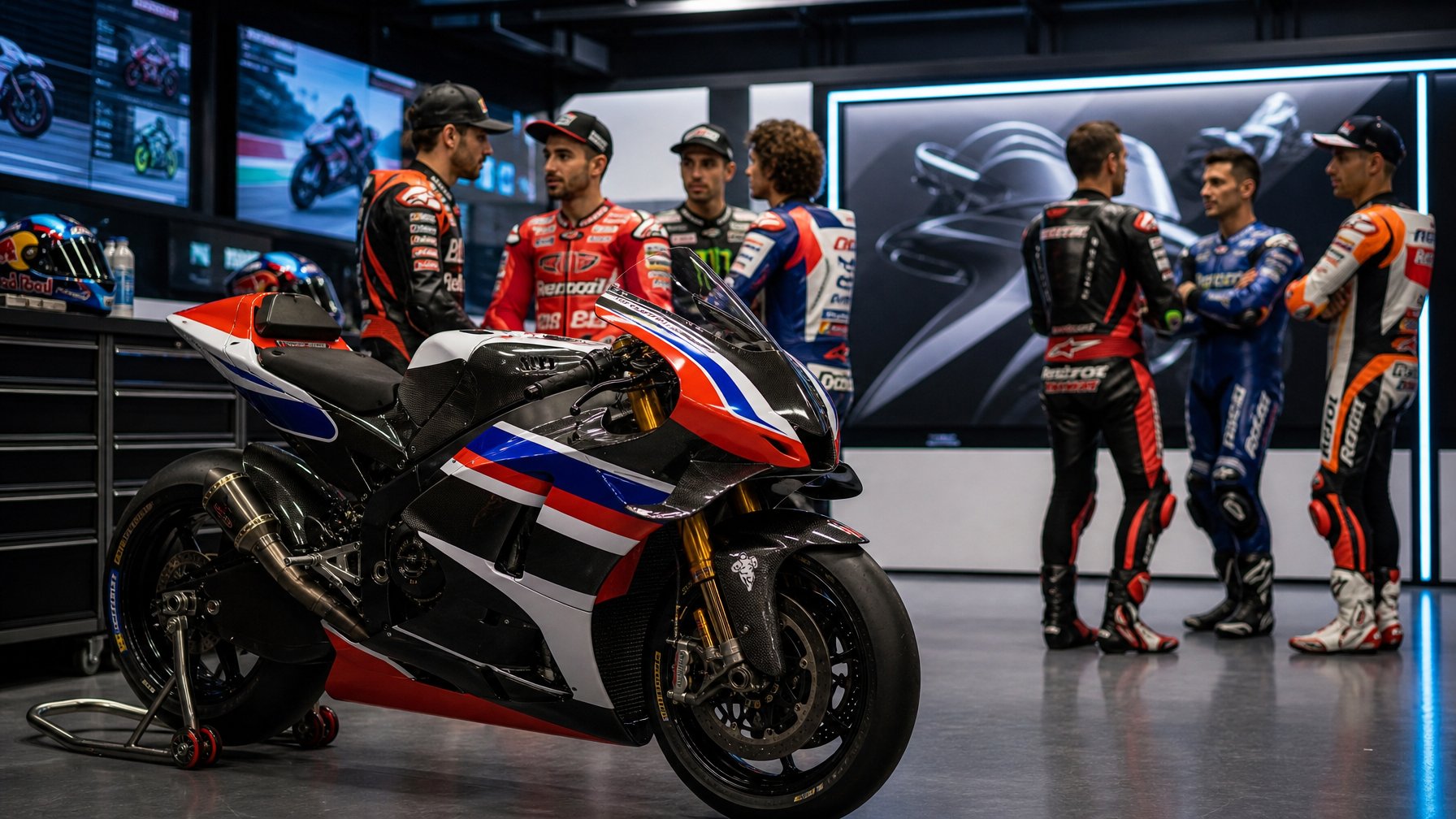 Sekelompok pebalap MotoGP berdiskusi di area paddock dengan motor balap modern di latar depan.