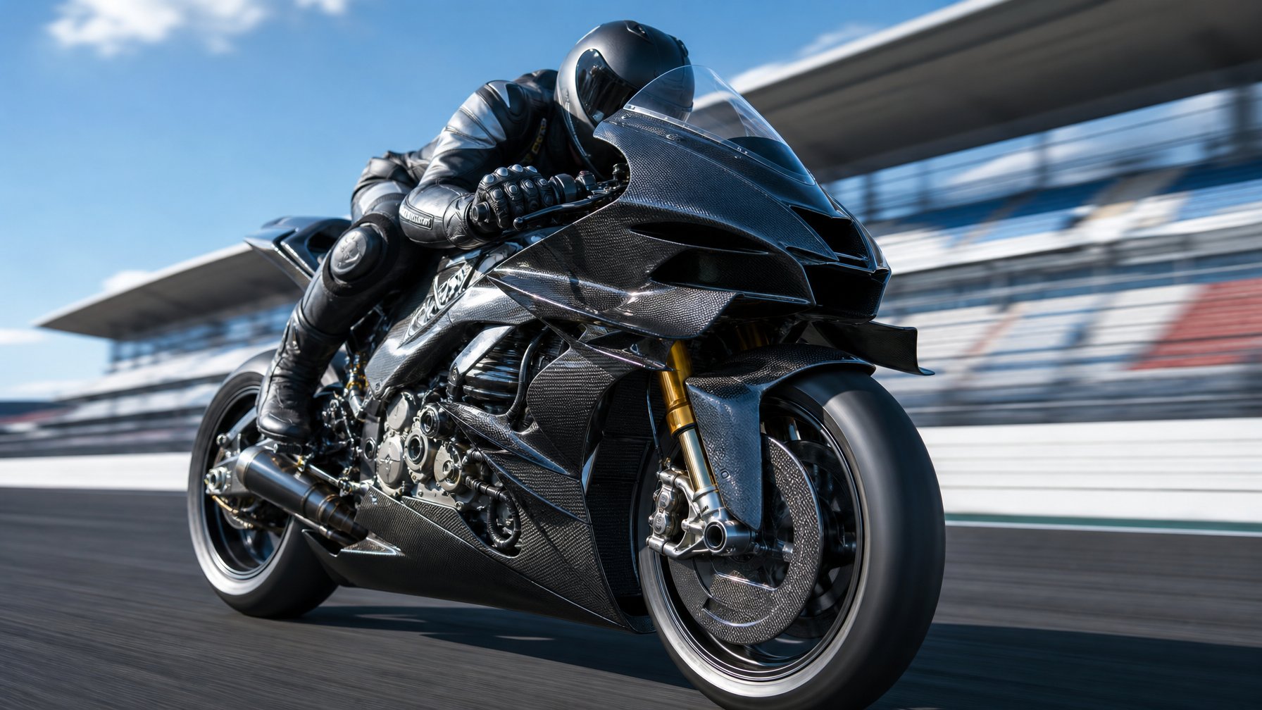 Sepeda motor MotoGP futuristik sedang melaju di lintasan balap dengan fokus pada desain aerodinamis dan mesin canggih.