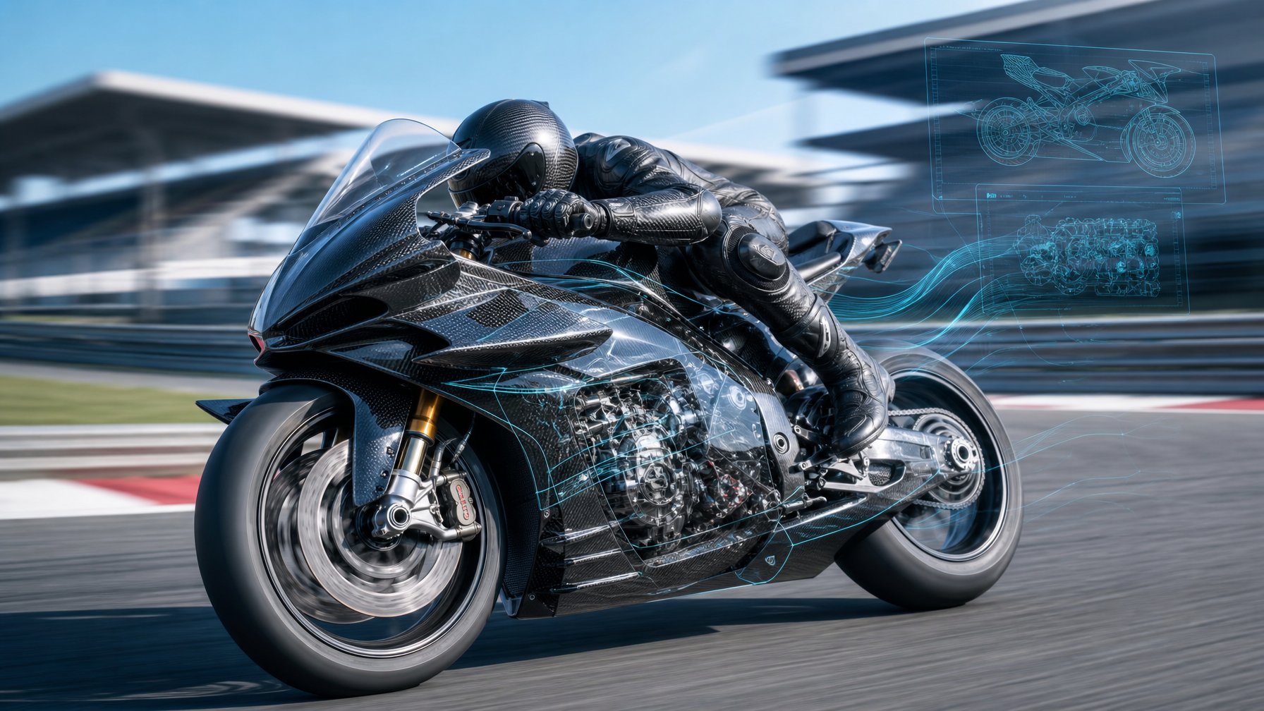 Sepeda motor balap MotoGP futuristik sedang melaju di lintasan balap dengan latar belakang sirkuit modern.