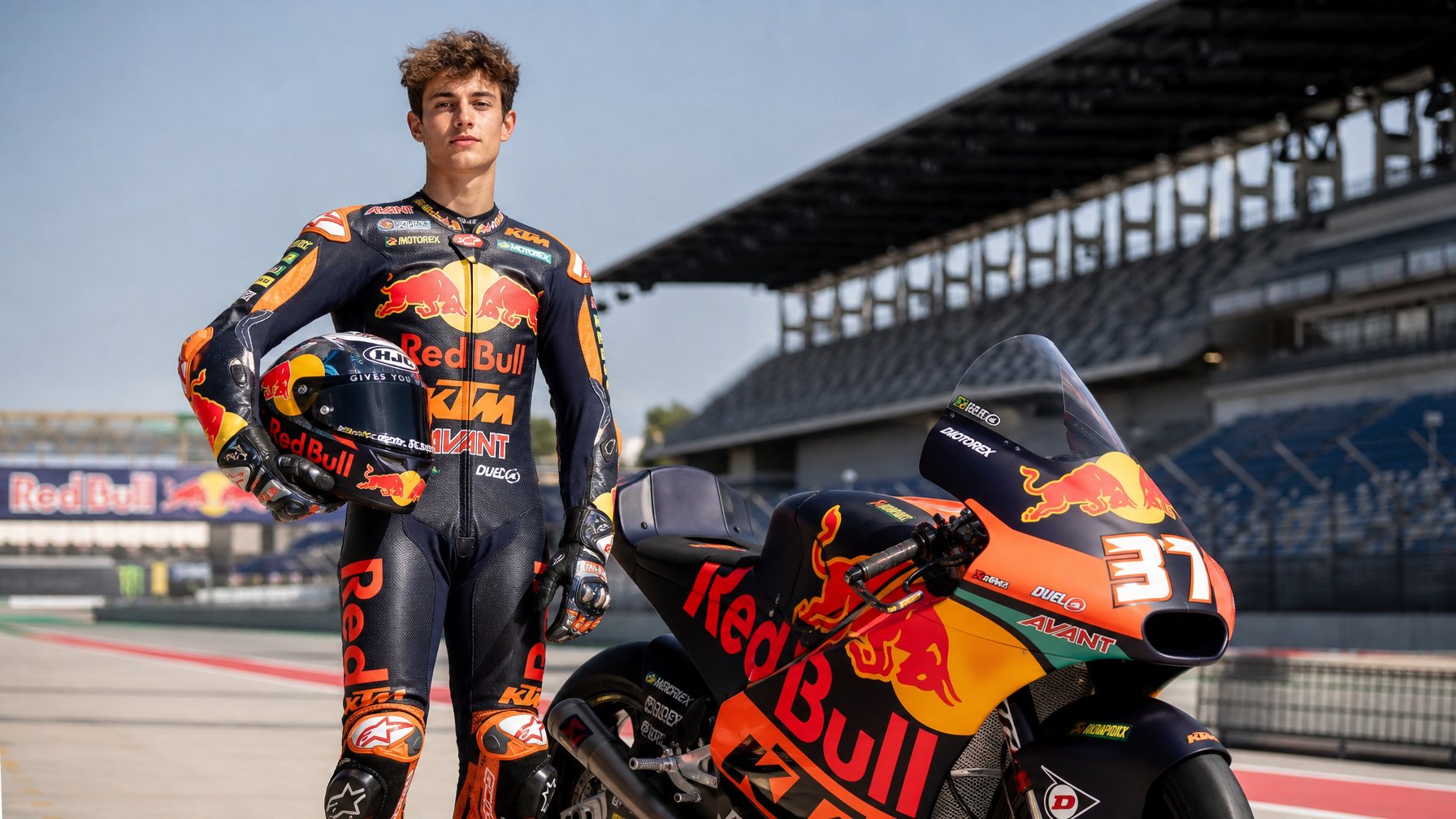 Seorang pebalap muda MotoGP berdiri di samping motornya di lintasan balap dengan latar belakang tribun penonton.