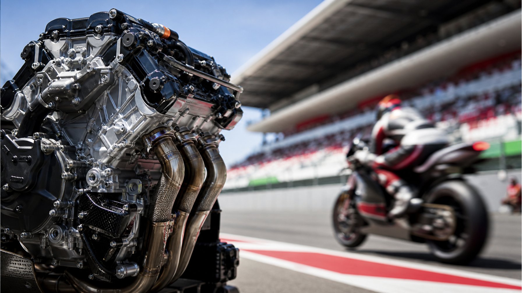 Mesin MotoGP V4 terbaru dengan latar belakang sirkuit balap yang modern dan sepeda motor melaju cepat.