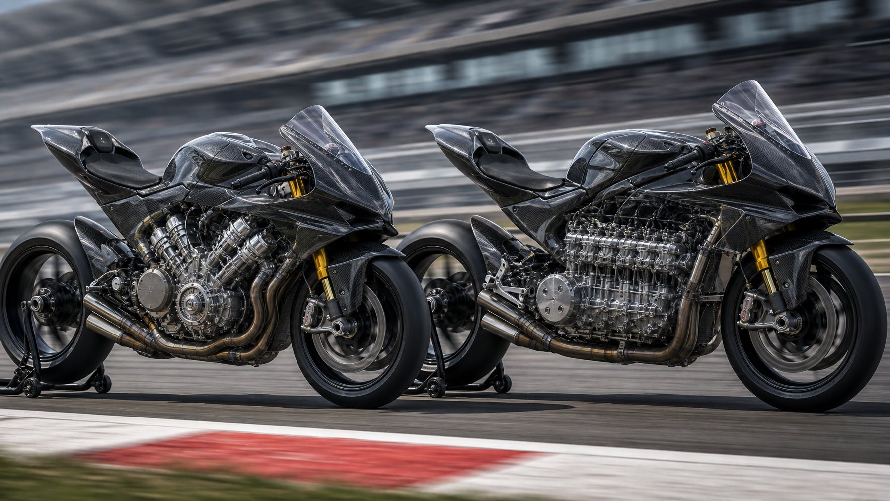 Dua sepeda motor MotoGP berdampingan di lintasan balap, menampilkan mesin V4 dan Inline-4 yang terlihat jelas.